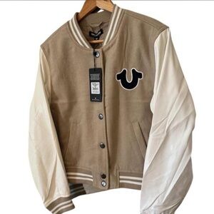 BNWT True Religion Beige and White Varsity Jacket XL